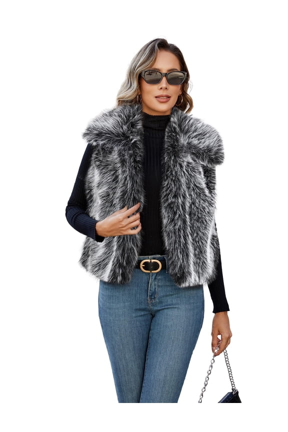 Womens Faux Fur Vest Lapel Collar Sleeveless Open Front Cardigan Top Fuzzy Coats Jacket Fluffy Outwear with Pockets