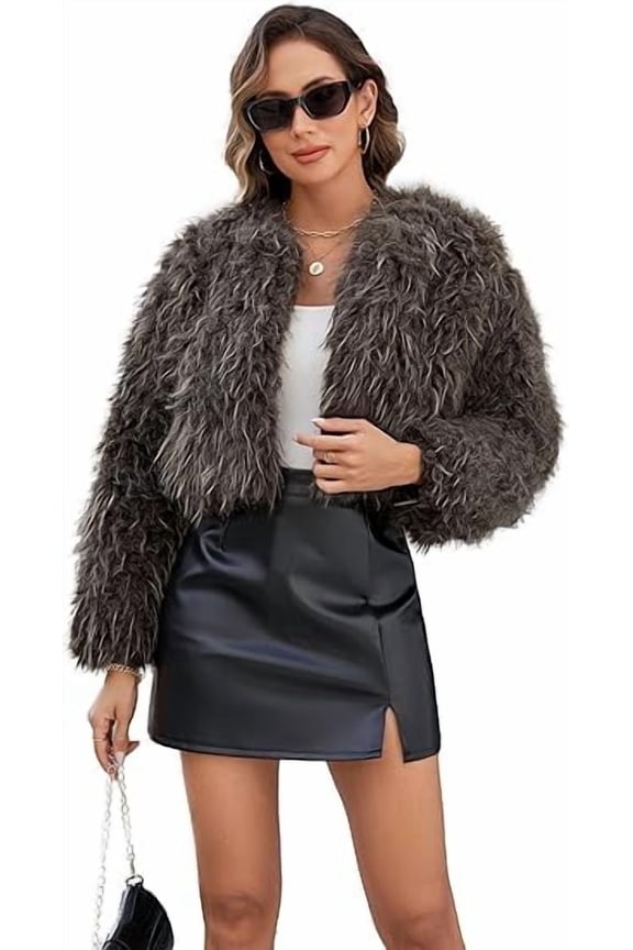 Womens Faux Fur Cropped Coats Long Sleeve Open Front Cardigan Top Fluffy Warm Outwear with Pocket,Brown,L