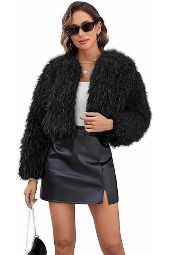 Womens Faux Fur Cropped Coats Long Sleeve Open Front Cardigan Top Fluffy Warm Outwear with Pocket,Brown,S