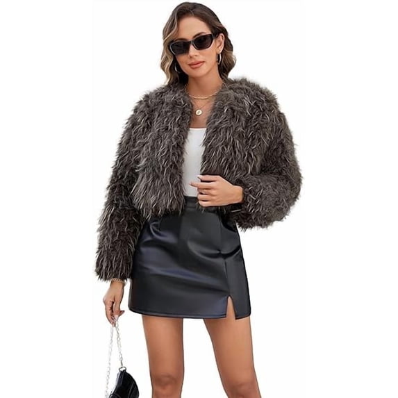 Fiophy Womens Faux Fur Cropped Coats Long Sleeve Open Front Cardigan Top Fluffy Warm Outwear with Pocket,Brown,S
