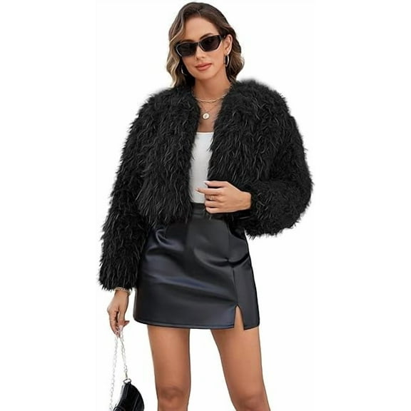 ieFashion Womens Faux Fur Cropped Coats Long Sleeve Open Front Cardigan Top Fluffy Warm Outwear with Pocket,Brown,XL