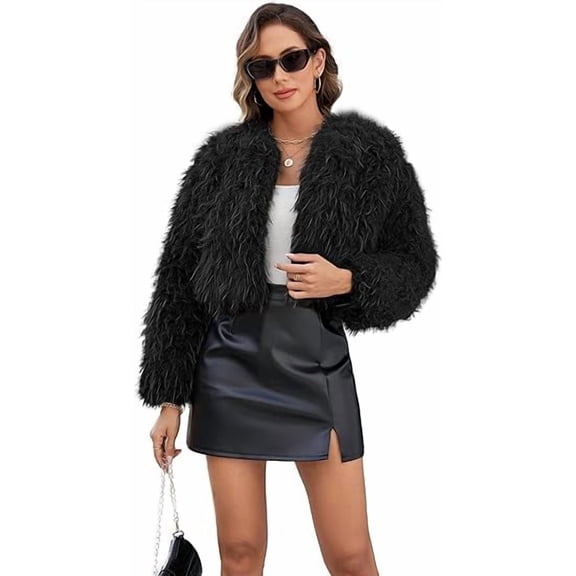 ieFashion Womens Faux Fur Cropped Coats Long Sleeve Open Front Cardigan Top Fluffy Warm Outwear with Pocket,Brown,XL