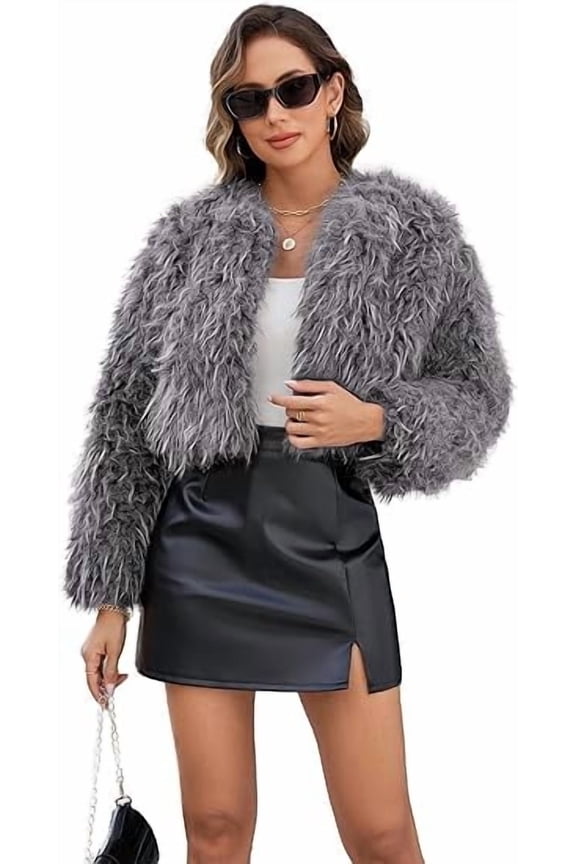 Womens Faux Fur Cropped Coats Long Sleeve Open Front Cardigan Top Fluffy Warm Outwear with Pocket,Gray,XL