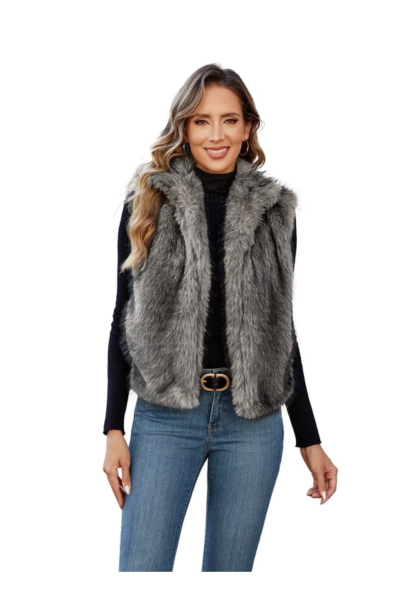 Womens Faux Fur Vest Stand Collar Sleeveless Open Front Cardigan Top Fuzzy Coats Jacket Fluffy Outwear with Pockets, Apricot,L