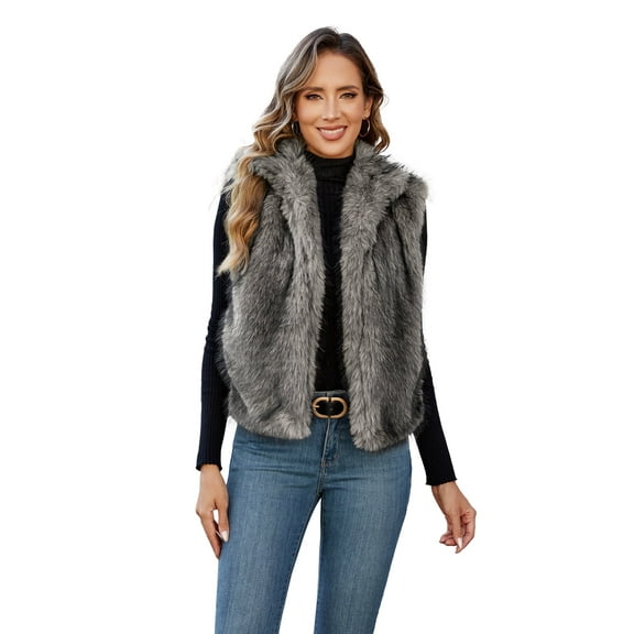 ieFashion Womens Faux Fur Vest Stand Collar Sleeveless Open Front Cardigan Top Fuzzy Coats Jacket Fluffy Outwear with Pockets, Apricot,XL
