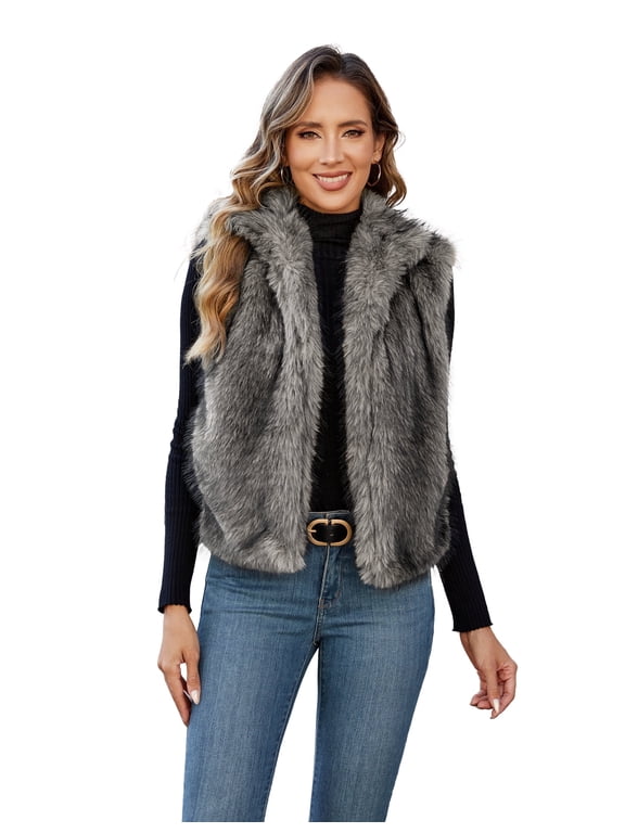 Womens Faux Fur Vest Stand Collar Sleeveless Open Front Cardigan Top Fuzzy Coats Jacket Fluffy Outwear with Pockets, Apricot,XL