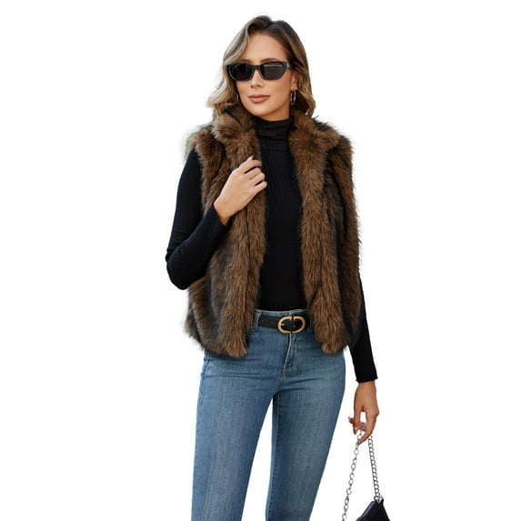 FIOPHY Womens Faux Fur Vest Stand Collar Sleeveless Open Front Cardigan Top Fuzzy Coats Jacket Fluffy Outwear with Pockets, Coffee,L