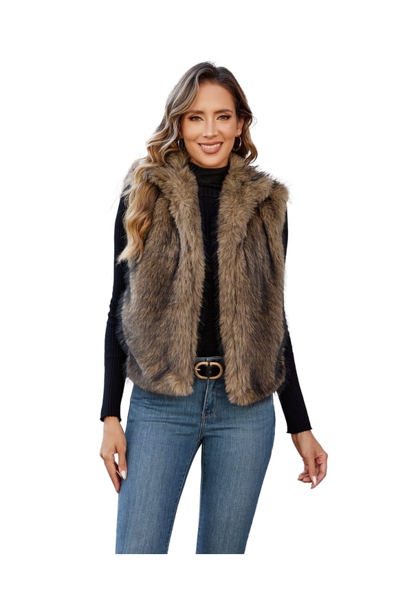 Womens Faux Fur Vest Stand Collar Sleeveless Open Front Cardigan Top Fuzzy Coats Jacket Fluffy Outwear with Pockets, Golden Camel,S