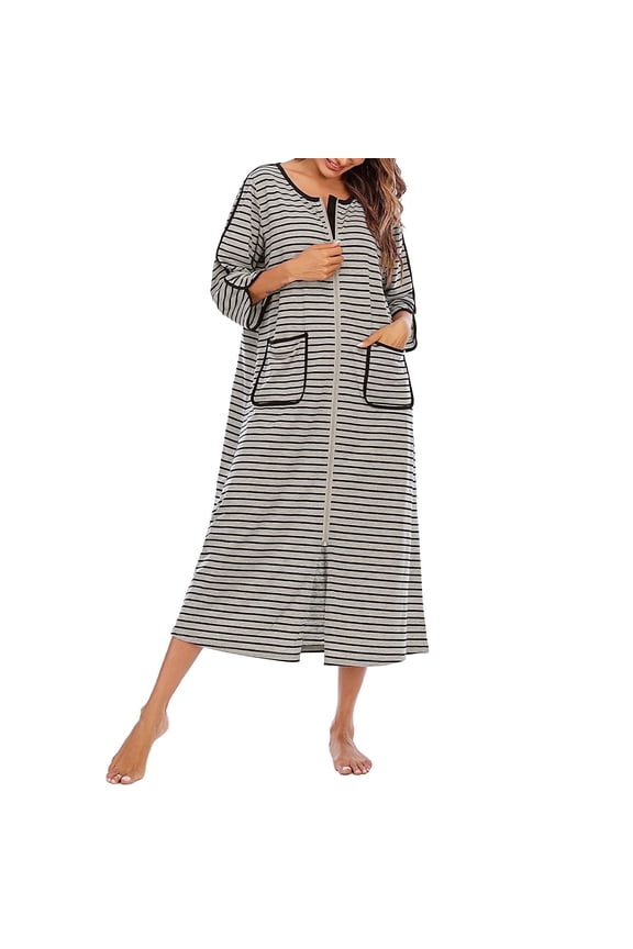 Womens Zipper Front House Dress Long Robes 3/4 Sleeves Striped Nightgowns Loungewear Bathrobes with Pockets