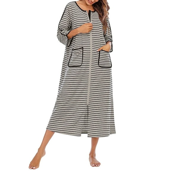 FIOPHY Womens Zipper Front House Dress Long Robes 3/4 Sleeves Striped Nightgowns Loungewear Bathrobes with Pockets