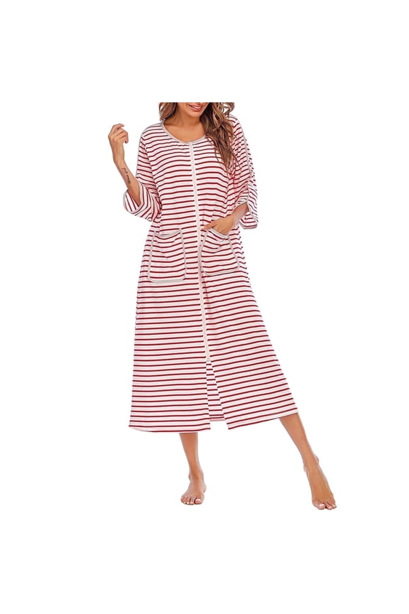 Womens Zipper Front House Dress Long Robes 3/4 Sleeves Striped Nightgowns Loungewear Bathrobes with Pockets