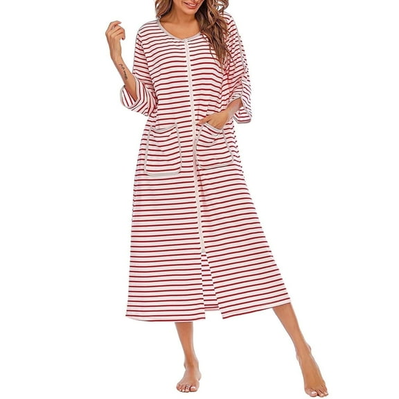 FIOPHY Womens Zipper Front House Dress Long Robes 3/4 Sleeves Striped Nightgowns Loungewear Bathrobes with Pockets
