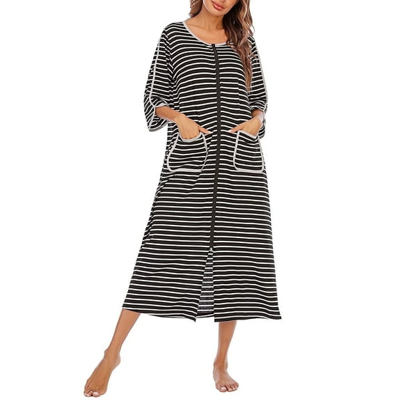 FIOPHY Womens Zipper Front House Dress Long Robes 3/4 Sleeves Striped Nightgowns Loungewear Bathrobes with Pockets