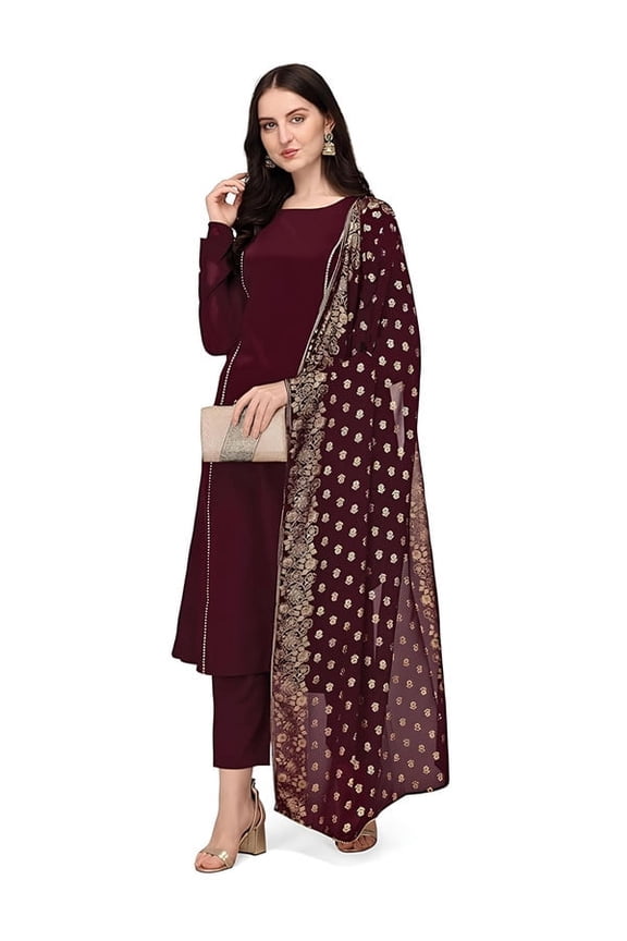 Women's Maroon Poly Crepe Straight Kurta with Pant and Dupatta - Indian Ethnic Traditional Wear Kurta Set