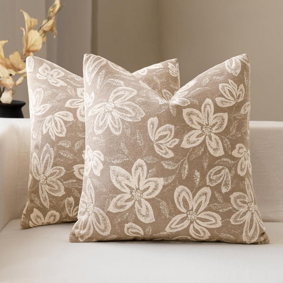 FIOUOVO Floral Throw Pillow Covers 18x18 Set of 2 Farmhouse Pillow Covers Vintage Neutral Accent Pillowcases Decorative Cushion Covers for Sofa Couch Living Room Bedroom Home Decor, Neutral
