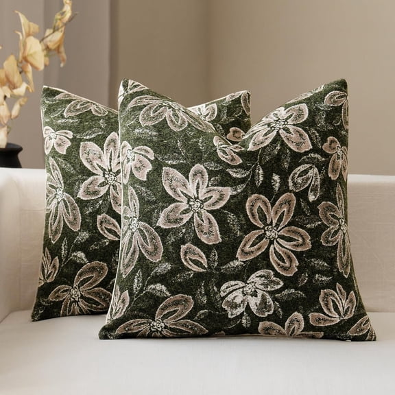 FIOUOVO Floral Throw Pillow Covers 18x18 Set of 2 Farmhouse Pillow Covers Vintage Neutral Accent Pillowcases Decorative Cushion Covers for Sofa Couch Living Room Bedroom Home Decor, Olive Green