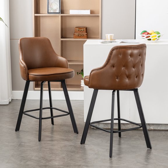FIRAVOE Bar Stools Set of 2 (High Back) Swivel Barstools Counter Height Bar Stools, 26" Faux Leather Bar Chairs Counter Stools for Kitchen Island, Brown