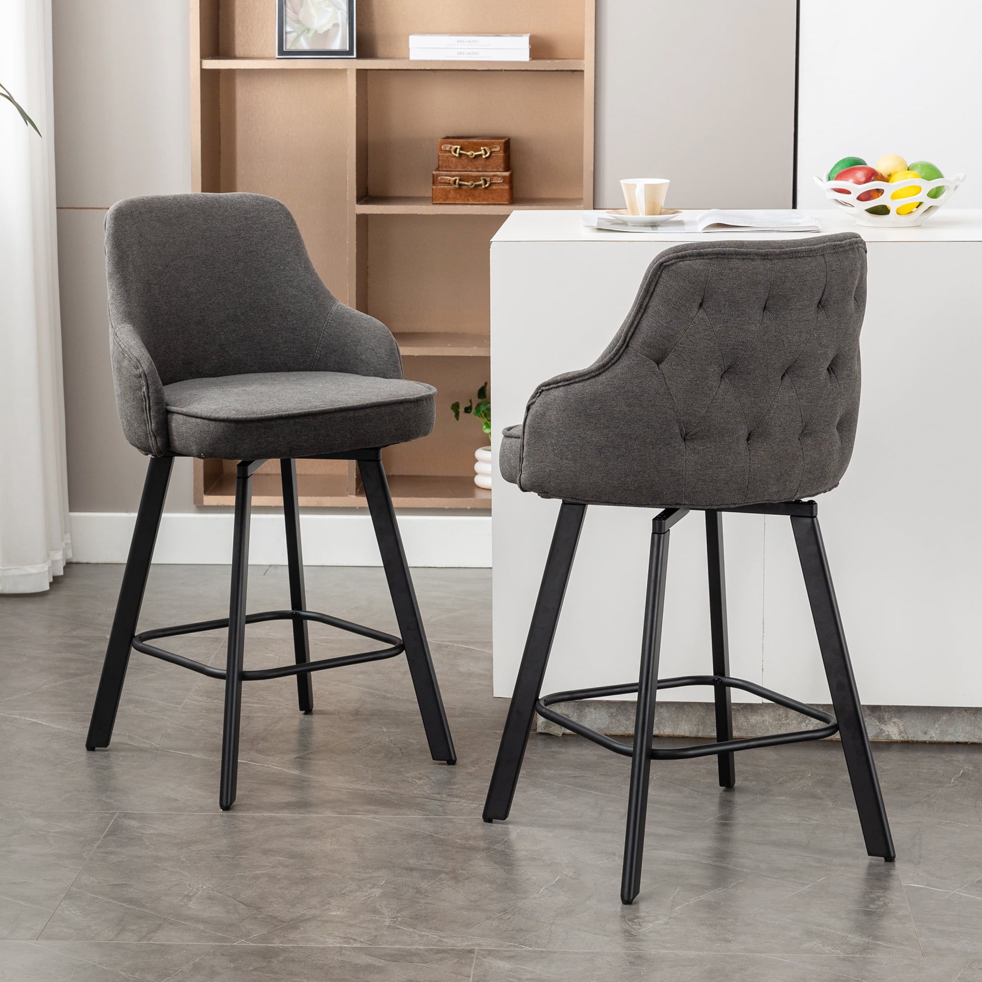 FIRAVOE Bar Stools Set of 2 (High Back) Swivel Barstools Counter Height Bar Stools, 26" Linen Bar Chairs Counter Stools for Kitchen Island, Gray