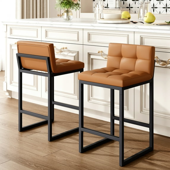 FIRAVOE Bar Stools Set of 2, Counter Height Bar Stools (Low Back)(Thickened Frame) 26" PU Leather Barstools Bar Chairs for Kitchen Island, Caramel Brown