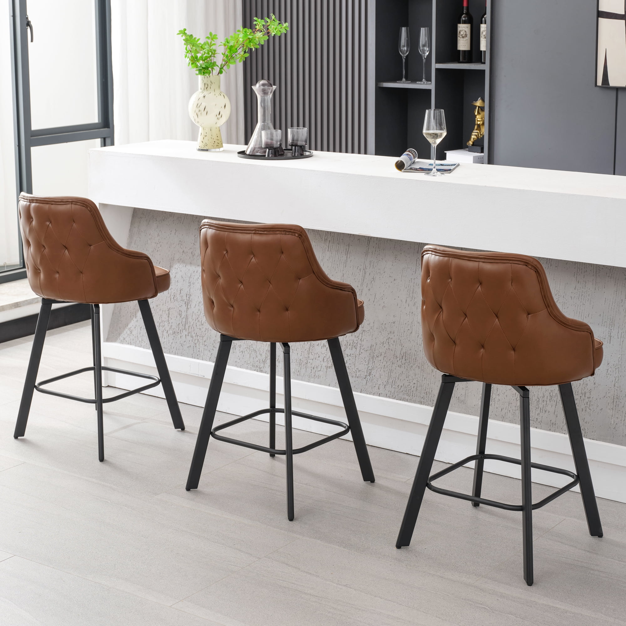 FIRAVOE Bar Stools Set of 3, 26" Swivel Barstools Counter Height Bar Stools with High Back, Faux Leather Bar Chairs Counter Stools for Kitchen Island, Brown
