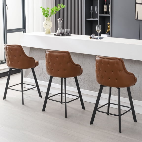 FIRAVOE Bar Stools Set of 3, 26" Swivel Barstools Counter Height Bar Stools with High Back, Faux Leather Bar Chairs Counter Stools for Kitchen Island, Brown