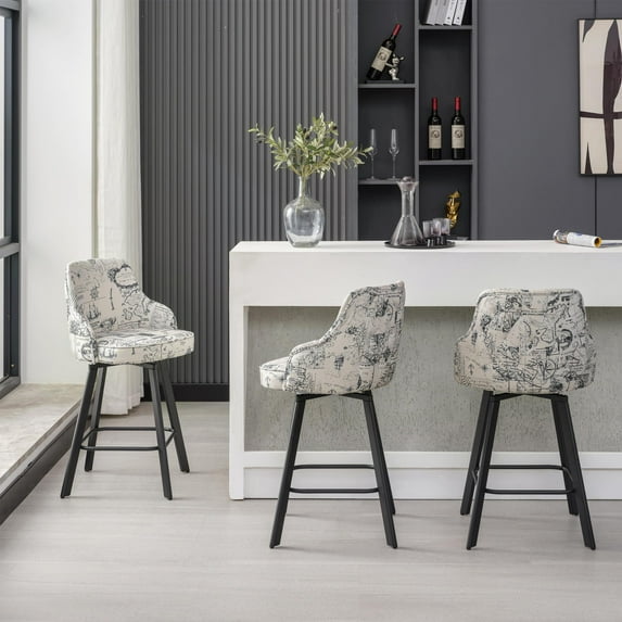 FIRAVOE Bar Stools Set of 3, 26" Swivel Counter Height Bar Stools with High Back, Linen Kitchen Barstools Counter Height for Kitchen Island (Beige (Nautical Print), 3PCS 26" Counter Stools)