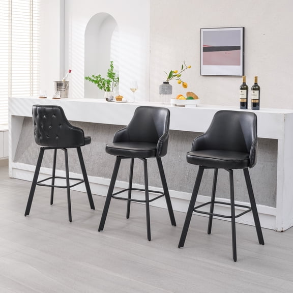 FIRAVOE Bar Stools Set of 3, 30" Swivel Bar Stools with High Back Bar Height Barstools, Faux Leather Bar Chairs for Kitchen Island, Black