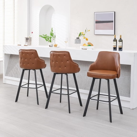 FIRAVOE Bar Stools Set of 3, 30" Swivel Bar Stools with High Back Bar Height Barstools, Faux Leather Bar Chairs for Kitchen Island, Brown