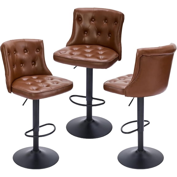 FIRAVOE Bar Stools Set of 3, Adjustable Swivel Bar Stools with Backs (19.5" Wide Seat) Faux Leather Counter Height Barstools Counter Stools Kitchen Island Bar Chairs, Brown