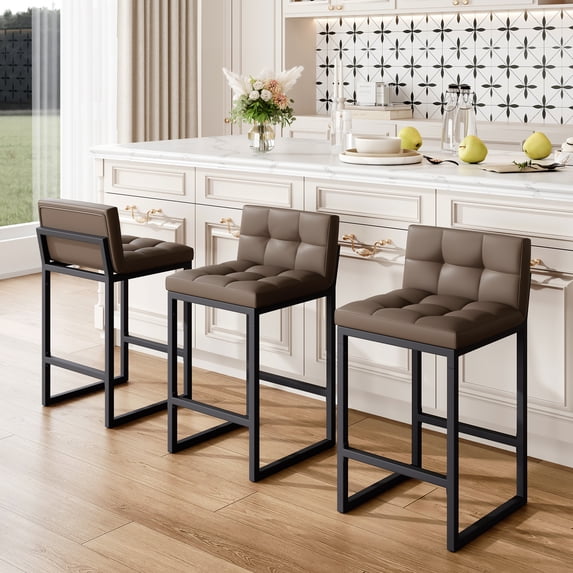 FIRAVOE Bar Stools Set of 3, Counter Height Bar Stools (Low Back)(Thickened Frame) 26" PU Leather Barstools Bar Chairs for Kitchen Island, Coffee Brown