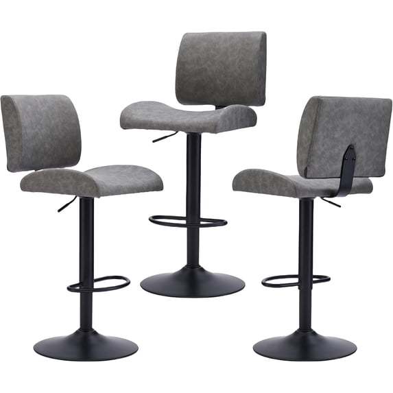 FIRAVOE Bar Stools Set of 3, Swivel Bar Stools with Backs, Faux Leather Adjustable Bar Stools 25"-34" Height, Modern Counter Height Barstools Bar Chairs for Kitchen Island, Gray