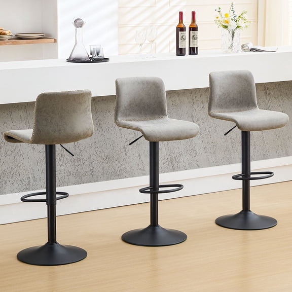 FIRAVOE Bar Stools Set of 3, Swivel Counter Height Bar Stools with Back, Ergonomic Adjustable Barstools Counter Stools Leather Bar Chairs for Kitchen Island, Gray
