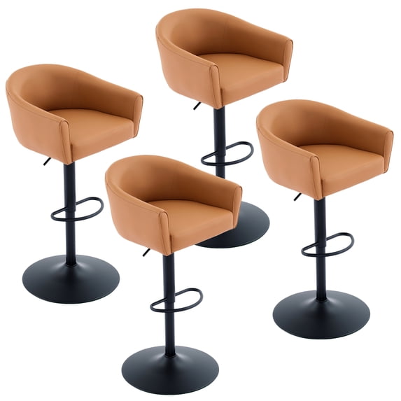 FIRAVOE Bar Stools Set of 4 (19.7" Large Base) Swivel Bar Stools with Back & Arms (24"-34" Height) Adjustable Faux Leather Barstools Bar Chairs for Kitchen Island, Caramel Brown
