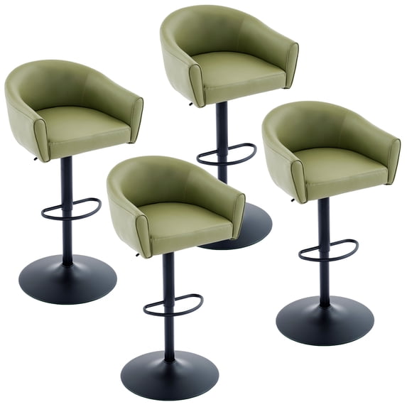 FIRAVOE Bar Stools Set of 4 (19.7" Large Base) Swivel Bar Stools with Back & Arms (24"-34" Height) Adjustable Faux Leather Barstools Bar Chairs for Kitchen Island, Green