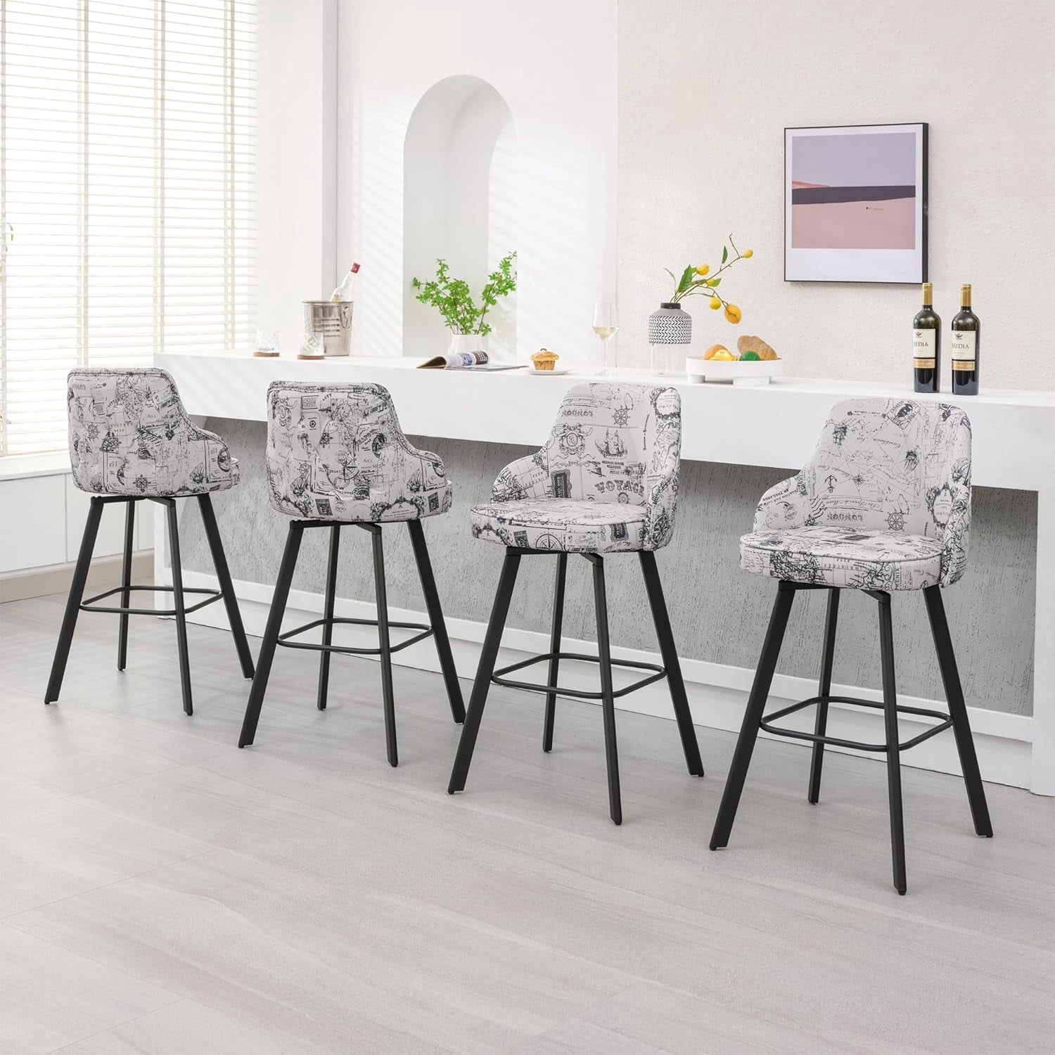 FIRAVOE Bar Stools Set of 4 (High Back) Swivel Barstools (30") Bar Height Bar Stools, Linen Bar Chairs for Kitchen Island, Beige