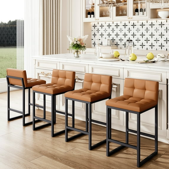 FIRAVOE Bar Stools Set of 4, Counter Height Bar Stools with Back (26" Height) Thickened Metal Barstools Counter Stools Kitchen Island Chairs,Caramel Brown