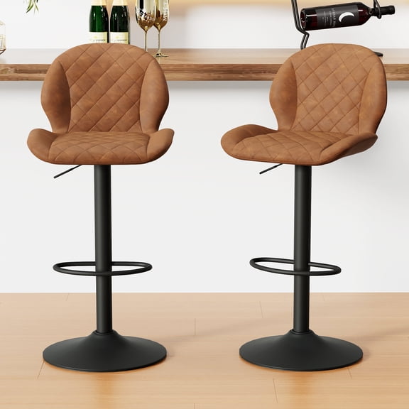 FIRAVOE Bar Stools Set of 2, Adjustable Swivel Counter Height Bar Stools (24"-33") Modern Faux Leather Barstools with Back for Kitchen Island, Brown