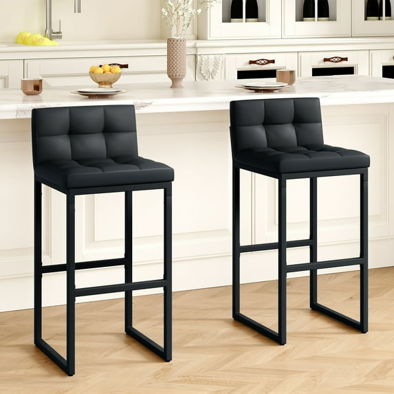 FIRAVOE Bar Stools Set of 2, Modern High Bar Stools with Low Back (30" Height) PU Leather Barstools Counter Stools Kitchen Island Chairs, Black