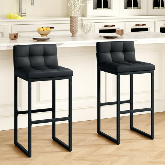 FIRAVOE Bar Stools Set of 2, Modern High Bar Stools with Low Back (30" Height) PU Leather Barstools Counter Stools Kitchen Island Chairs, Black