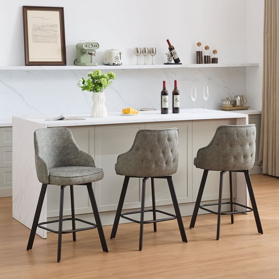 FIRAVOE Bar Stools Set of 3, 26" Gray Faux Leather Swivel Counter Height Barstools with Back for Kitchen Island