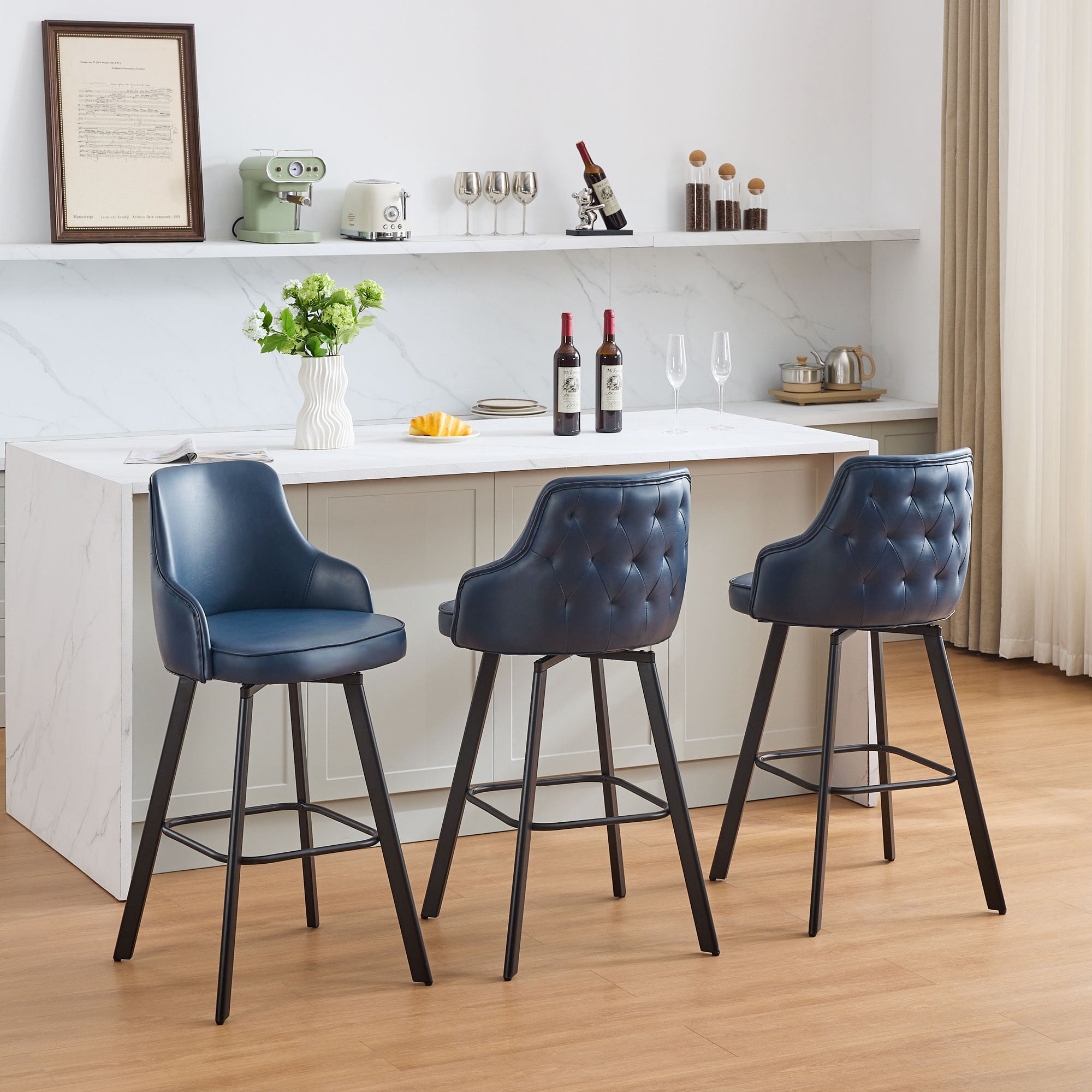 FIRAVOE Bar Stools Set of 3 (High Back) Swivel Barstools (30") Bar Height Bar Stools Faux Leather Bar Chairs for Kitchen Island, Blue