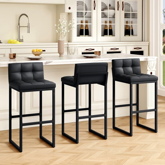 FIRAVOE Bar Stools Set of 3, PU Leather Tall Bar Stools (Low Back)(Thickened Frame) 30" Modern Barstools Bar Chairs for Kitchen Island, Black