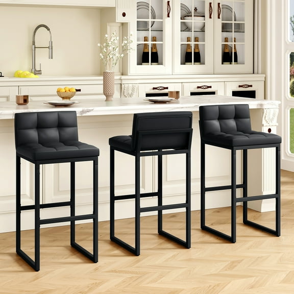 FIRAVOE Bar Stools Set of 3, PU Leather Tall Bar Stools (Low Back)(Thickened Frame) 30" Modern Barstools Bar Chairs for Kitchen Island, Black