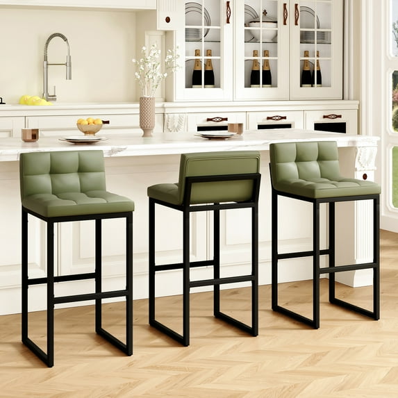 FIRAVOE Bar Stools Set of 3, PU Leather Tall Bar Stools (Low Back)(Thickened Frame) 30" Modern Barstools Bar Chairs for Kitchen Island, Green