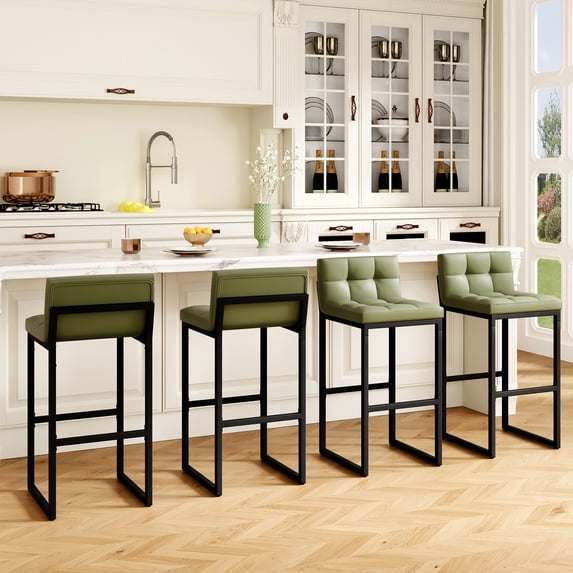 FIRAVOE Bar Stools Set of 4, Modern High Bar Stools with Low Back (30" Height) PU Leather Barstools Counter Stools Kitchen Island Chairs, Green