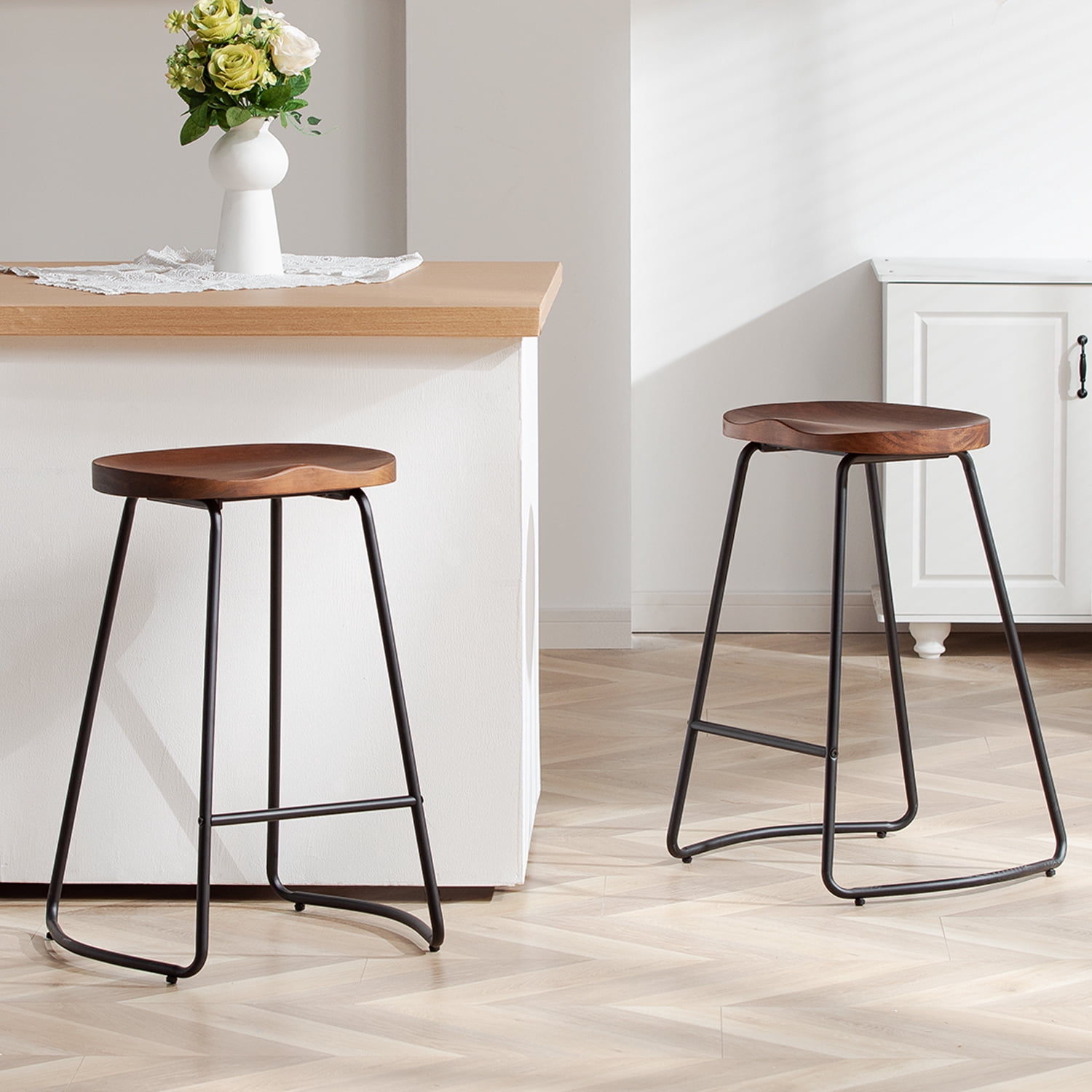FIRAVOE Counter Height Bar Stools (Saddle Seat Backless) Barstools Set of 2, 26" Rustic Wooden Counter Stools Kitchen Stools
