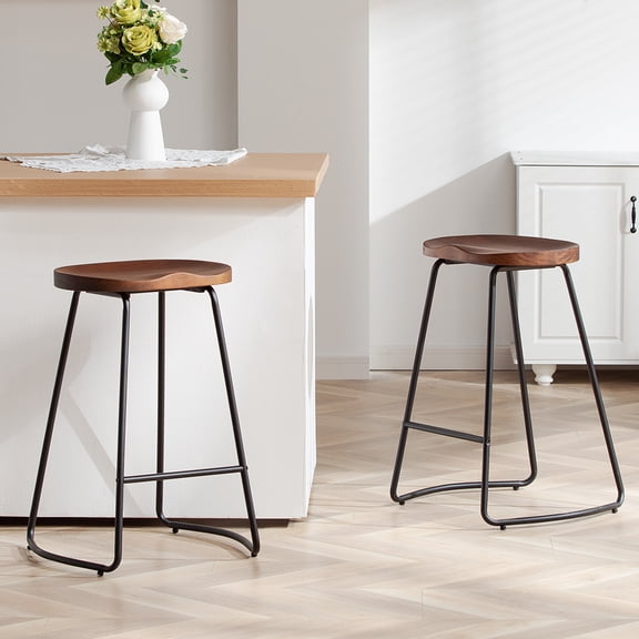 FIRAVOE Counter Height Bar Stools (Saddle Seat Backless) Barstools Set of 2, 26" Rustic Wooden Counter Stools Kitchen Stools