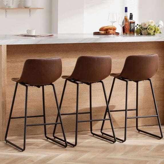 FIRAVOE Bar Stools with Back Set of 3, 26" Faux Leather Counter Height Barstools Island Chairs, Brown