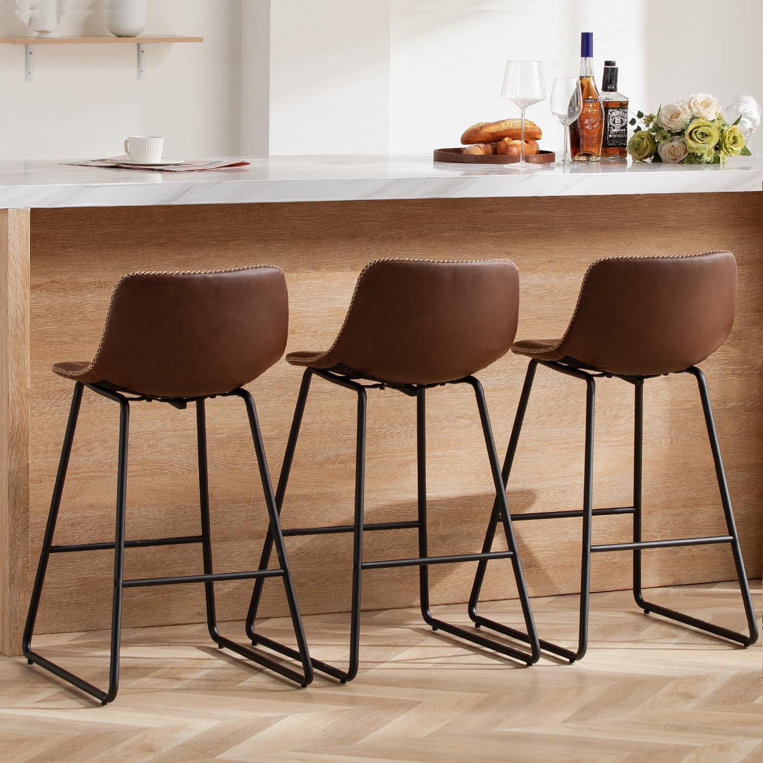 FIRAVOE Bar Stools with Back Set of 3, 26" Faux Leather Counter Height Barstools Island Chairs, Brown