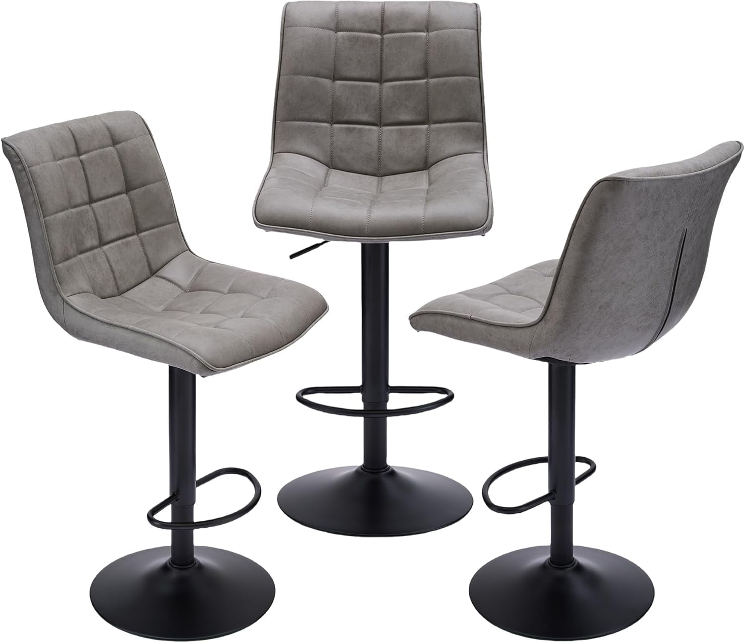FIRAVOE Bar Stools with Back Set of 3, Adjustable Counter Height Bar Stools, Swivel Barstools Faux Leather Bar Chairs for Kitchen Island, Gray